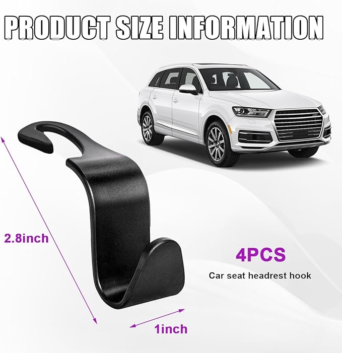 povtii 4 PCS Car Seat Headrest Hooks, Auto Backseat Organizer Hanger Holder, Vehicle Seat Back Storage Hooks for Purse Coat Umbrella Grocery Bag Handbag, Interior Car Accessories (Black)