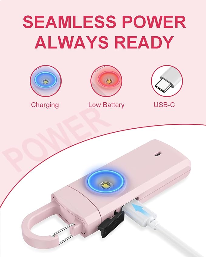 Rechargeable Personal Safety Alarm for Women, 130dB Loud Siren Birdie Sound, Strobe SOS LED Light, USB C Charging, Personal Alarm Keychain for Women