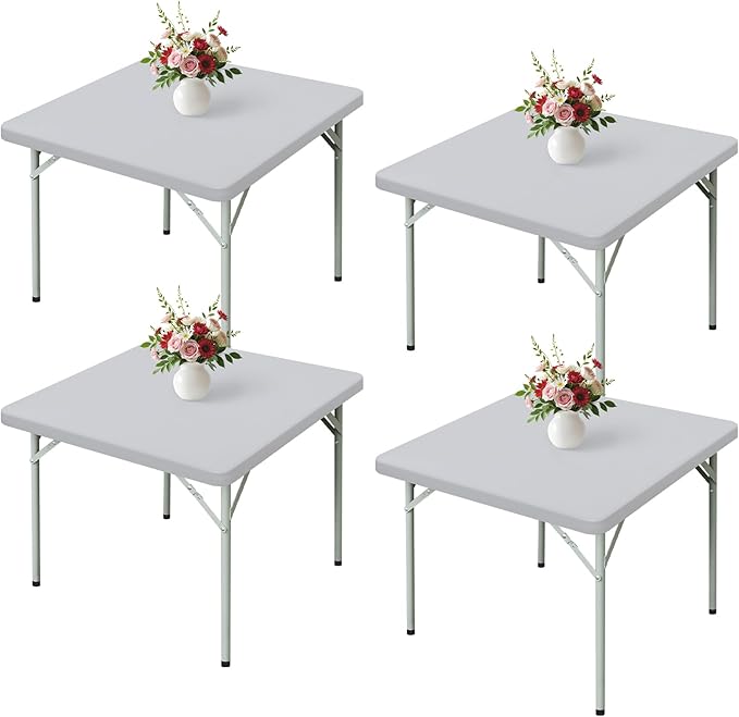 Wolkemer 4 Pack Silver Fitted Tablecloth 34x34 Inch Square Elastic Edges Table Cloth, Spandex Stretch Table Cover with Machine Washable Fabric for Wedding Party Picnic Dining Indoor Outdoor