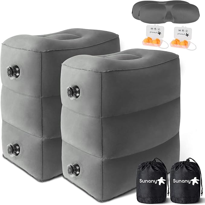 Sunany Inflatable Foot Rest Pillow for Airplane Travel, Adjustable Height for Kids/Adults to Sleep While Traveling,Suitable for Airplane, Office, Home, Trains, Cars and Any Travel（Dark Grey,2 Pack）