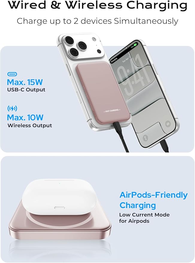 Aobbow Magnetic Portable Charger, 50% Smaller & Slimmer 5000mAh Power Bank with LED Display, 15W Fast Charging Battery Pack, Travel Essential MagSafe Compatible Charger for iPhone 17/16/15 - Rose Gold