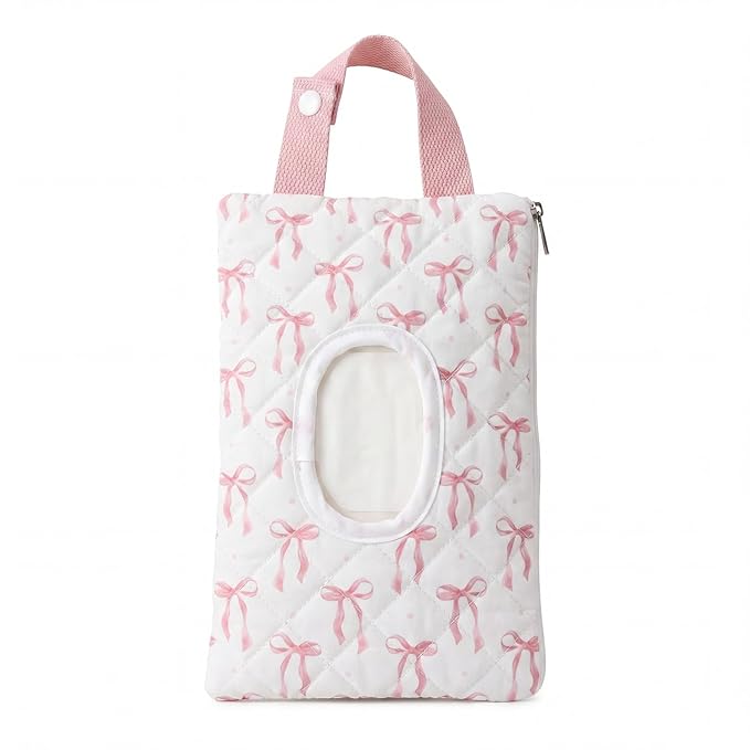 Quilted Pink Bow Baby Wipe Holder Fabric Wipes Dispenser Bag with Handle Portable Wet Wipes Pouch for Baby Travel Home Car Stroller