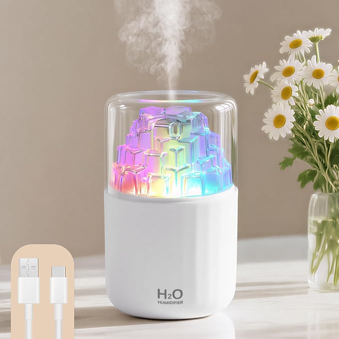 Portable Mist Humidifier with Colorful Light Auto-Off USB Desktop Personal Humidifiers 2 Cool Spray Modes 300ml for Bedroom Office Car Travel White
