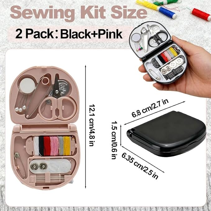 Reroon 2 Pack Mini Travel Sewing Kit for Adult & Kid | Portable Sewing Box Kit Bulk | Small Emergency Repair Set with Thread Scissors Needle for Travel, Beginner DIY Handcraft | Black + Pink