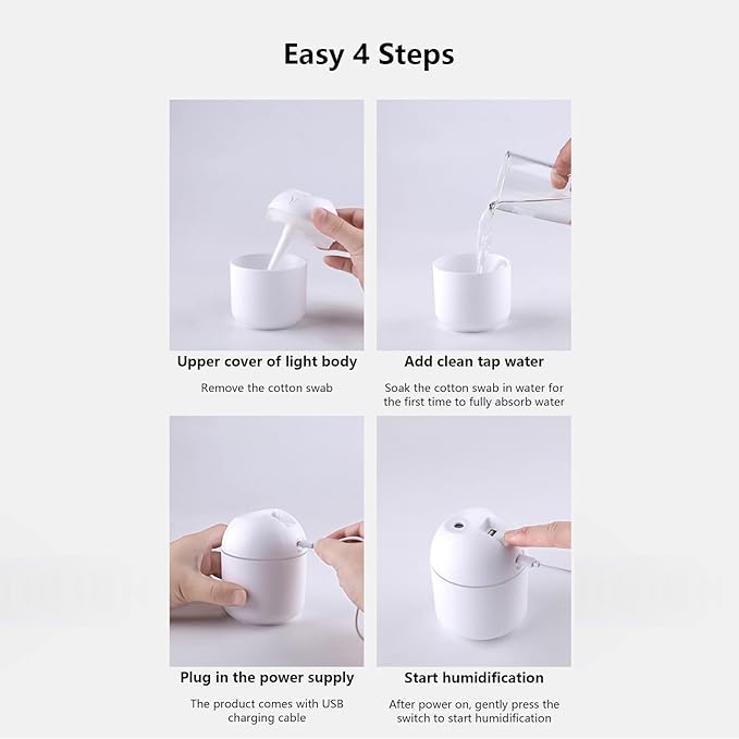 Portable Mini Humidifier, USB Personal Desktop Air Humidifier for Baby Bedroom Travel Office Home with Light, 300ml Small Cool Mist Humidifier, Essential Oil Diffusers Easy Clean