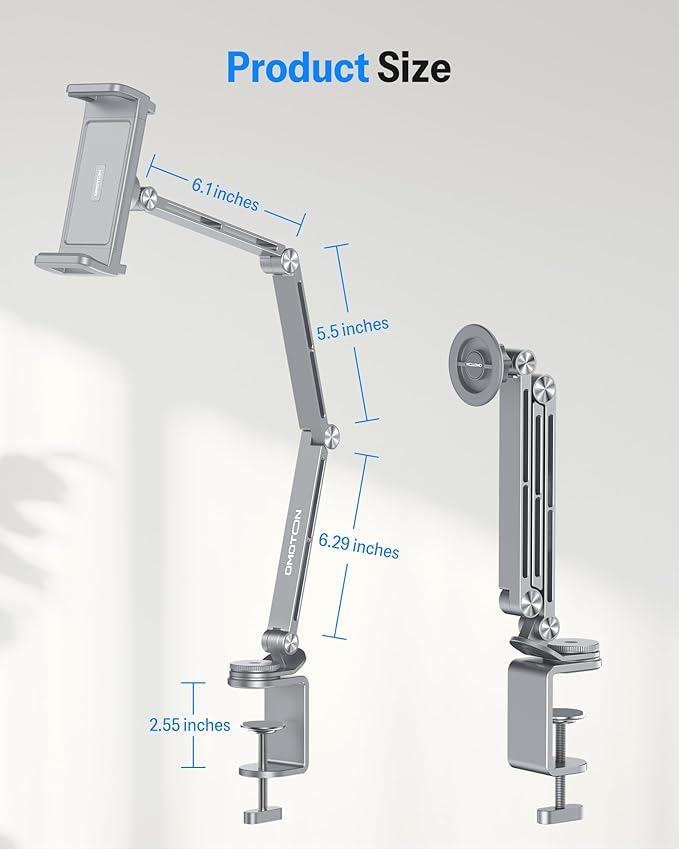 OMOTON Tablet Stand for iPad with 360° Rotation, GH04 Aluminum Alloy Long Arm Phone Mount with Magnetic Phone Head & Plastic Tablet Clamp, Adjustable Holder for 4-13" iPad Pro/iPhone, Grey