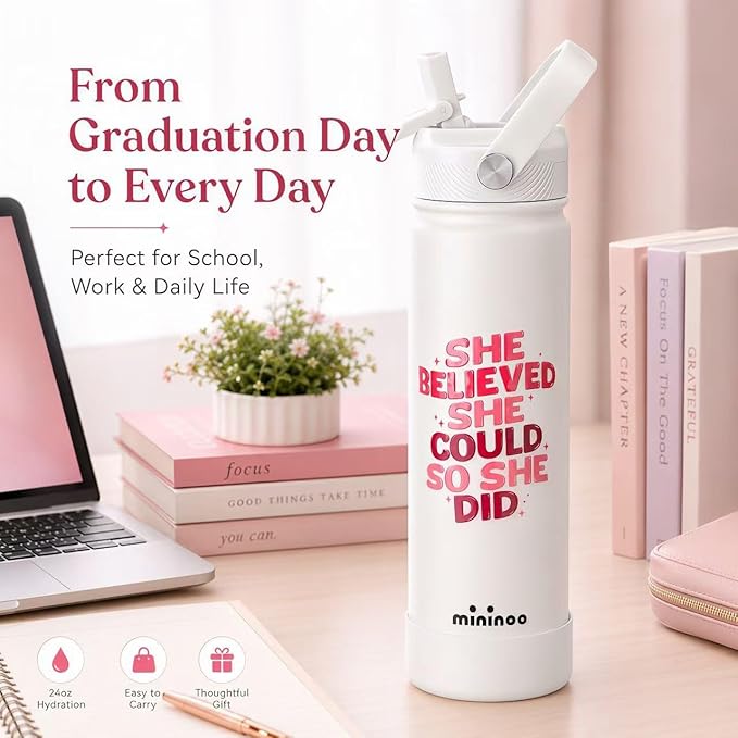 mininoo 2026 Graduation Gifts, 24 oz Insulated Stainless Steel Water Bottle Straw Lid, She Believed She Could So She Did, Cup Holder Friendly Bottle for Women Girls