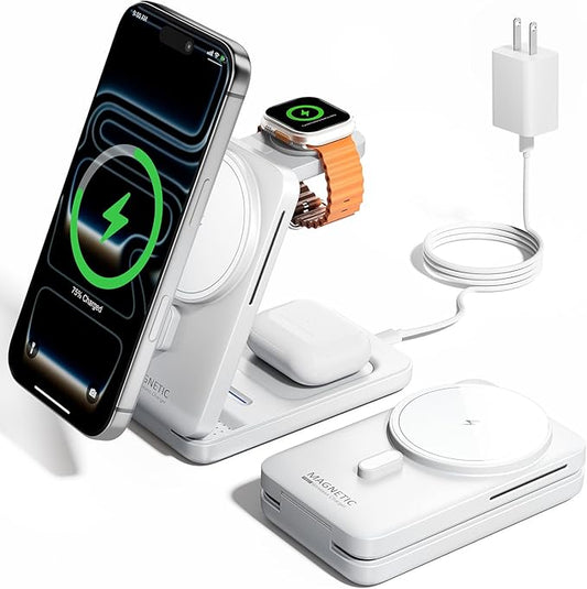 KPON 3-in-1 for Magsafe Charging Station, Foldable Travel Charger Stand for Apple, Wireless Magnetic Charging Dock for Multiple Devices iPhone 17 16 15 14 13 12 Series/Apple Watch/Airpods