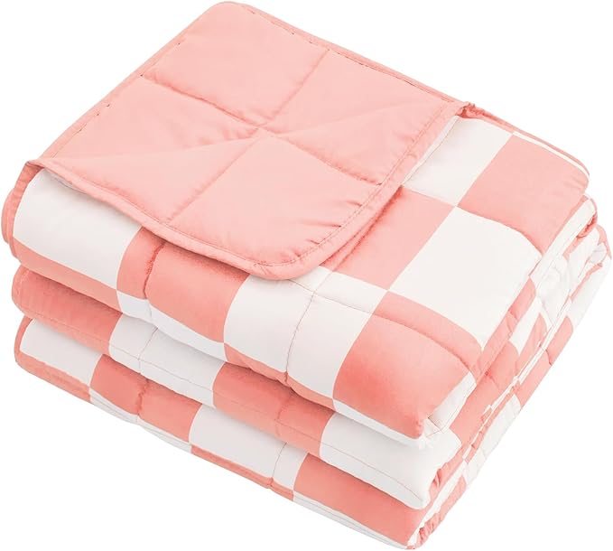 Pink Checkered Weighted Blanket for Adults 15lbs, 48"x72", Twin Full Size Cooling Plaid Heavy Throw Blanket for 140-160lbs, Microfiber Soft Thick Big Blankets Weighted Comforter Gifts for Sleeping