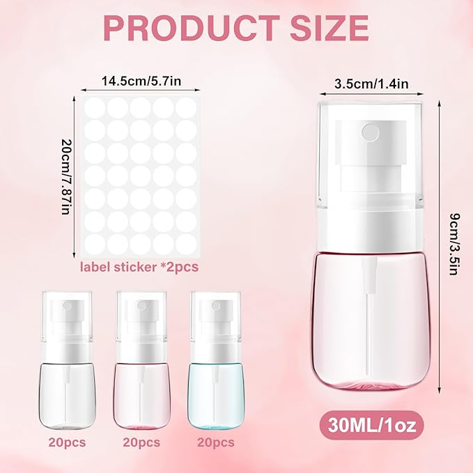 60 Pack 1oz (30ml) Travel Spray Bottles, TSA Approved Leakproof Fine Mist PETG Plastic Sprayer, Mini Refillable Empty Small Bottles Bulk for Skincare, Perfume, Essential Oils & Cleaning