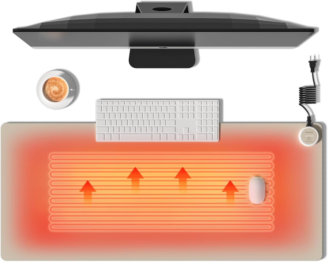 PAIDU Heated Mouse Pad Hand Warmers, Electric Warm Office Desk Mat, 31.5" x 13", 3 Control Levels Temperature 3 Hours Auto Shut-Off, Suitable for Home/Offices Computer Keyboard Pads (Light Gray)