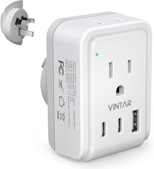 Australia New Zealand Power Adapter, VINTAR Australia Plug Adapter with 2 American Outlets 3 USB Ports(2 USB C), 5 in 1 Type I Travel Adapter for US to Australia, AU, Argentina, China, Fiji