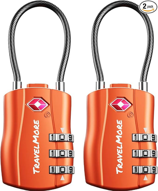 2 Pack TSA Approved Travel Combination Cable Luggage Locks for Suitcases & Backpacks - Orange