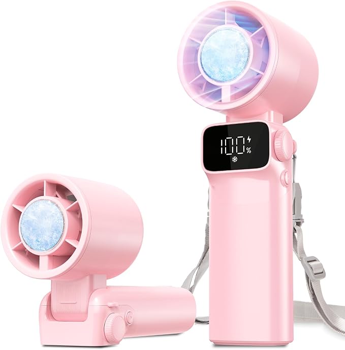 Ouddy Mode Portable Handheld Pink Fan Rechargeable, Ice Cooling Foldable Personal Fan, Up to 13Hrs Turbo Pocket Hand Held Fans for Travel, Camping, Hiking, Beach, Office, Outdoor