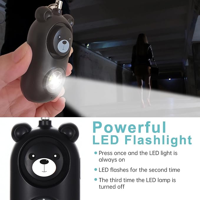 Personal Safety Alarm Keychain with LED Light, 130dB Emergency Alert, Rechargeable Bear Design for Women, Children,Girls
