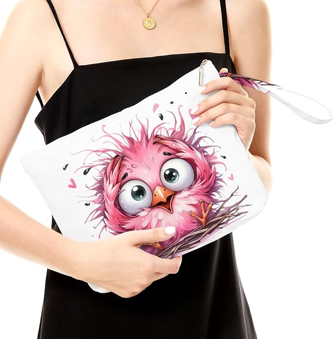 Fokongna Cute Print Wet Bag, Small Portable Waterproof Multi-Functional Organizer for Women, Pink Fluffy Baby Bird, Ideal for Daily, Beach & Travel