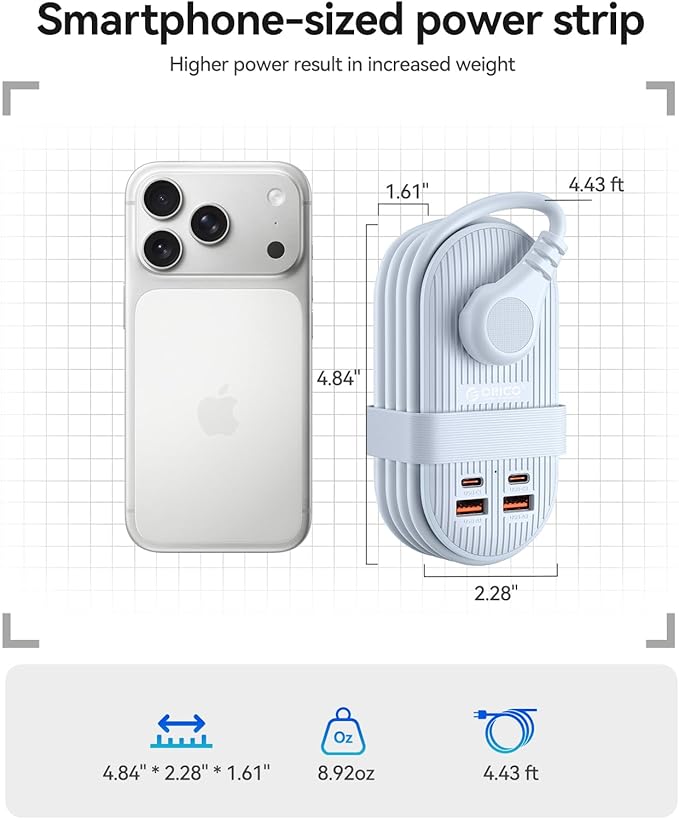 ORICO 45W Power Strip for iPhone 17 and Galaxy S25, 7 in 1 Charging Station with 3AC, 2 USB-A, 2 USB-C, 4ft Thin Extension Cord, Flat Plug Fashion Essential for Cruise Ship/Travel/Home/Dorm - TK45