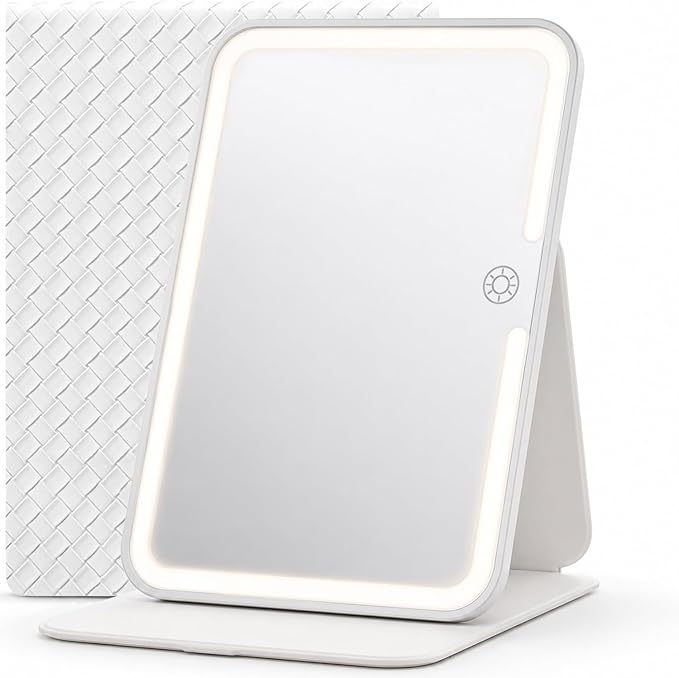 Travel Makeup Mirror with Lights, Lighted Vanity Mirror, 9", Woven White