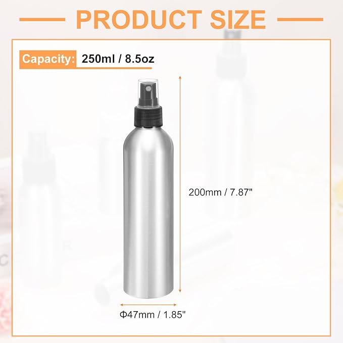HARFINGTON 3pcs Aluminum Fine Mist Spray Bottles 250ml/8.5oz Metal Small Liquid Alcohol Refillable Travel Container with Black Plastic Nozzle Cap for Perfume Skincare Cosmetic Storage Bottle