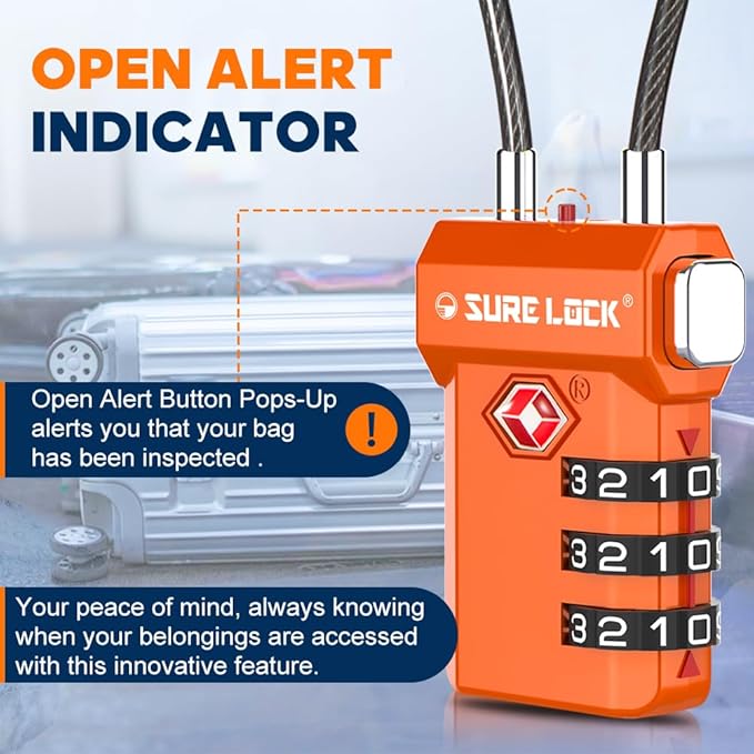 SURE LOCK TSA Approved Luggage Locks with Open Alert Indicator, 3 Digit Combination Cable Travel Lock for Suitcase, Backpack, Gym Locker, Toolbox, Carry On & Travel Bag