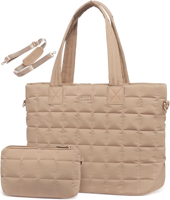 LOVEVOOK Laptop Tote Bag for Women, 15.6 Inch Large Puffer Work Computer Tote Bags for Teacher Nurse, Quilted Women's Purse Tote Shoulder Handbags with Zipper for Travel College Office, Coffee Brown