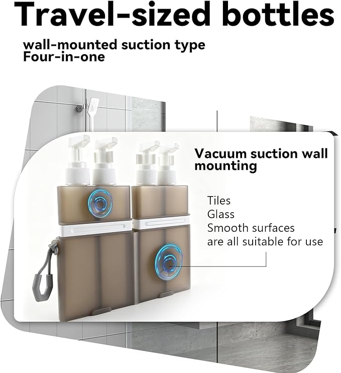 4 in 1 Travel Dispenser，Unbreakable Silicone Travel Dispenser Bottle, Vacuum Suction Wall Mounted Refillable Containers,Leakproof Toiletry Containers for Shampoo, Lotion, Baby Care-Grey.