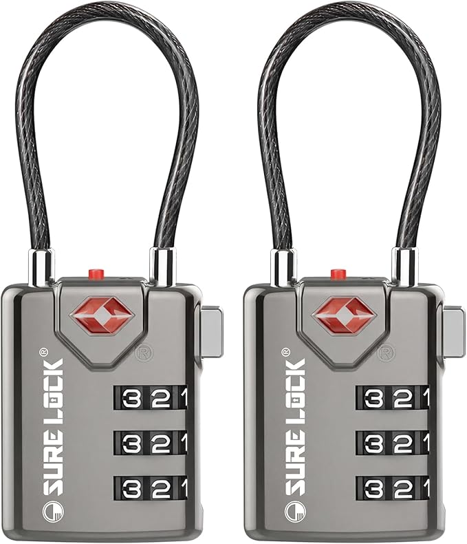 SURE LOCK TSA Approved Luggage Locks with Open Alert Indicator, 3 Digit Combination Cable Travel Lock for Suitcase, Backpack, Gym Locker, Toolbox & Travel Bag(Grey 2 Pack)