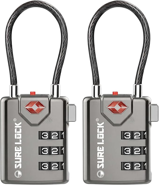 SURE LOCK TSA Approved Luggage Locks with Open Alert Indicator, 3 Digit Combination Cable Travel Lock for Suitcase, Backpack, Gym Locker, Toolbox & Travel Bag(Grey 2 Pack)
