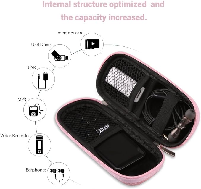 AGPTEK Carrying Case, EVA Zipper Carrying Hard Case Cover for Digital Voice Recorders, MP3 Players, Storage Holder for 3D Printing Pen, USB Cable, Earphones, Memory Cards, U Disk, Pink
