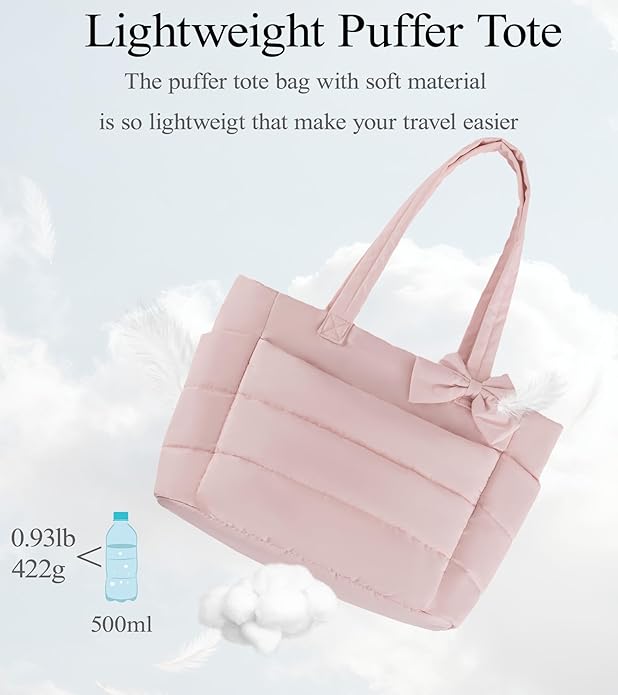 Puffer Tote Bag for Women, Quilted Bow Tote Bag with Cup Holder & 15.6 In Laptop Compartment for Work, Travel, Gym, College