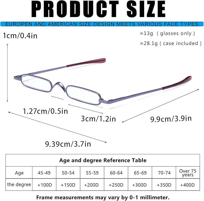Viseng Slim Mini Metal Reading Glasses Compact Lightweight Portable Readers with Glasses Case for Reading Case Blue+Purple+2.5