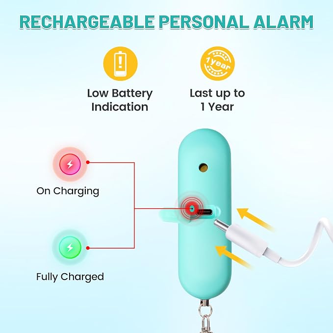 Personal Safety Alarm - Waterproof Rechargeable Security Alarm - 140dB Extra Loud Siren & Strobe Light - Self Defense Keychain - Gift for Women, Teenagers, College Girls, Seniors（Aqua+Aqua）