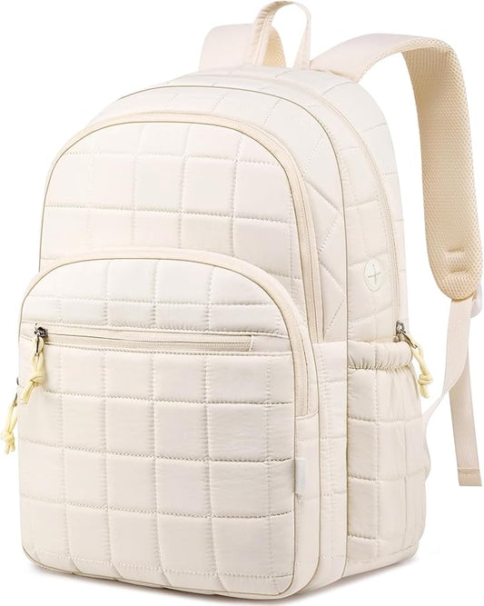 kadilong Laptop Backpack for Women College Travel,Quilted Daypack Bookbag for School Teen Girls Mochilas Mujer,Beige