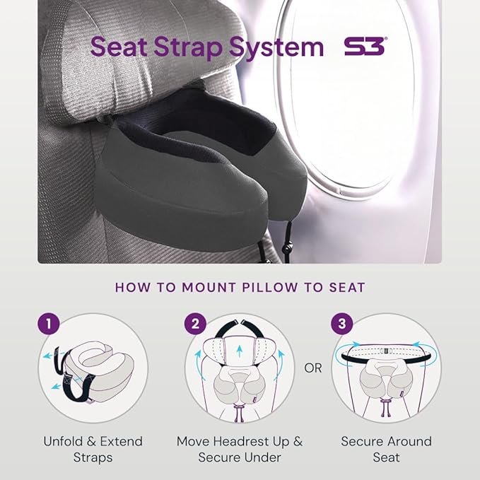Cabeau Evolution S3 Travel Pillow - Memory Foam Neck Pillow for Airplane and Long Flights with Seat Straps for Head and Neck Support, 360 Degree Support (Steel Grey)