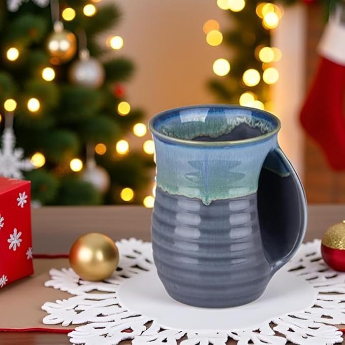 Hand Warmer Coffee Mug Handmade Pottery (UPGRADED) - 16 Ounce Large Hand Warming Mugs Ceramic Gift with Contoured Pocket, Keep Your Fingers Warmth, Right Handed