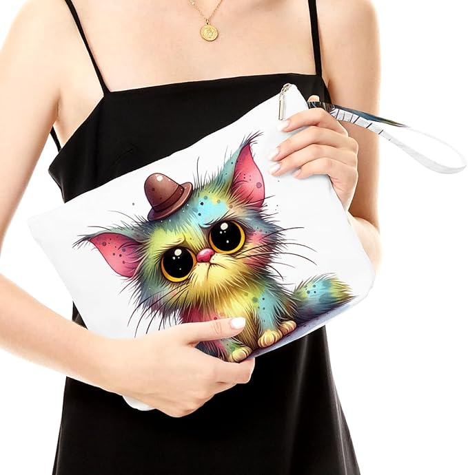 Fokongna Cute Print Wet Bag, Small Portable Waterproof Multi-Functional Organizer for Women, Rainbow Watercolor Fluffy Cat, Ideal for Daily, Beach & Travel