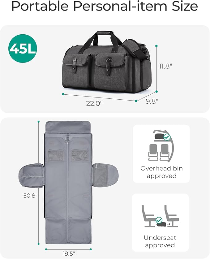 BAGSMART Garment Bags for Travel, Convertible Garment Duffle Bag Suit Bags for Men Women, 2 in 1 Garment Bags for Hanging Clothes, Carry On Duffle Bag with Shoe Compartment, Black