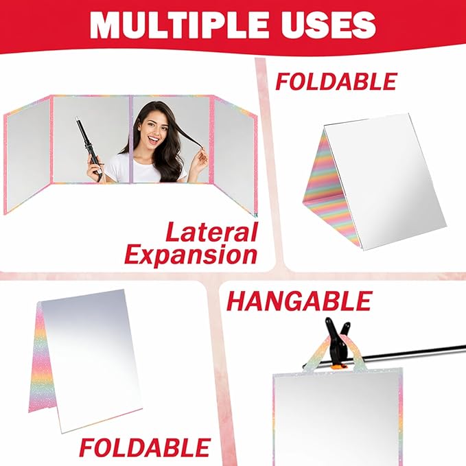 Foldable Full Length Mirror, 2 in 1 Hangable & Tabletop Acrylic Mirror, Portable Travel Mirror with Handle for Dance Bedroom Wardrobe Stage Makeup Checks Camping Outdoor Use (32.2" x 12.5", Bi-Fold)