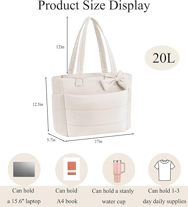 Puffer Tote Bag for Women, Quilted Bow Tote Bag with Cup Holder & 15.6 In Laptop Compartment for Work, Travel, Gym, College