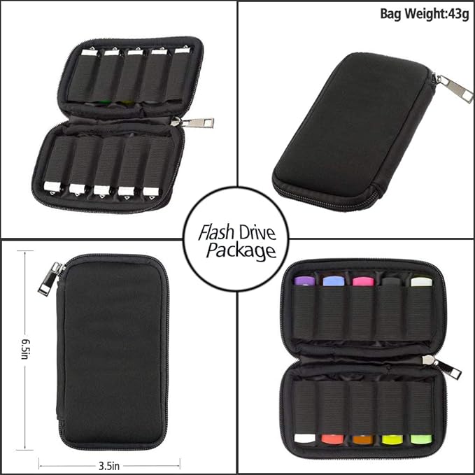 JBOS 10 Slots Neoprene USB Flash Drive Case with 20 Identification Labels,Anti-Static Thumb Drive Organizer Bag, Slim Portable Memory Stick Storage Pouch for Travel, Office & Home, Black