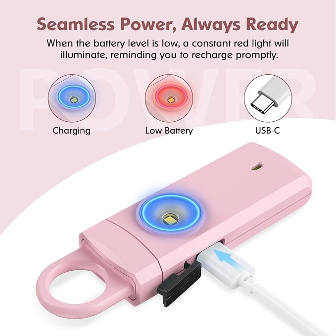 Rechargeable Personal Alarm for Women - Christmas Birthday Gifts for Women, Daughter, College Student, Teen Girl, Elders, Kids, Siren Alarm, Safety Keychain, USB Charging, Pink
