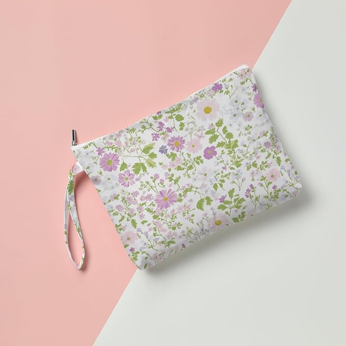 Fokongna Floral Print Wet Bag, Small Portable Waterproof Multi-Functional Organizer for Women, Ideal for Daily, Beach & Travel, White & Green Minimalist Wildflower