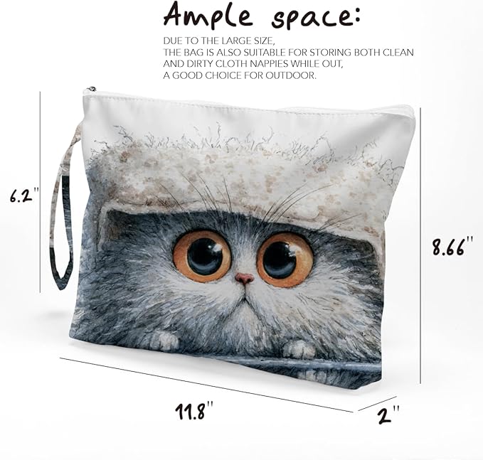 Fokongna Cute Print Wet Bag, Small Portable Waterproof Multi-Functional Organizer for Women, White Fluff Grey Eyed Cat, Ideal for Daily, Beach & Travel