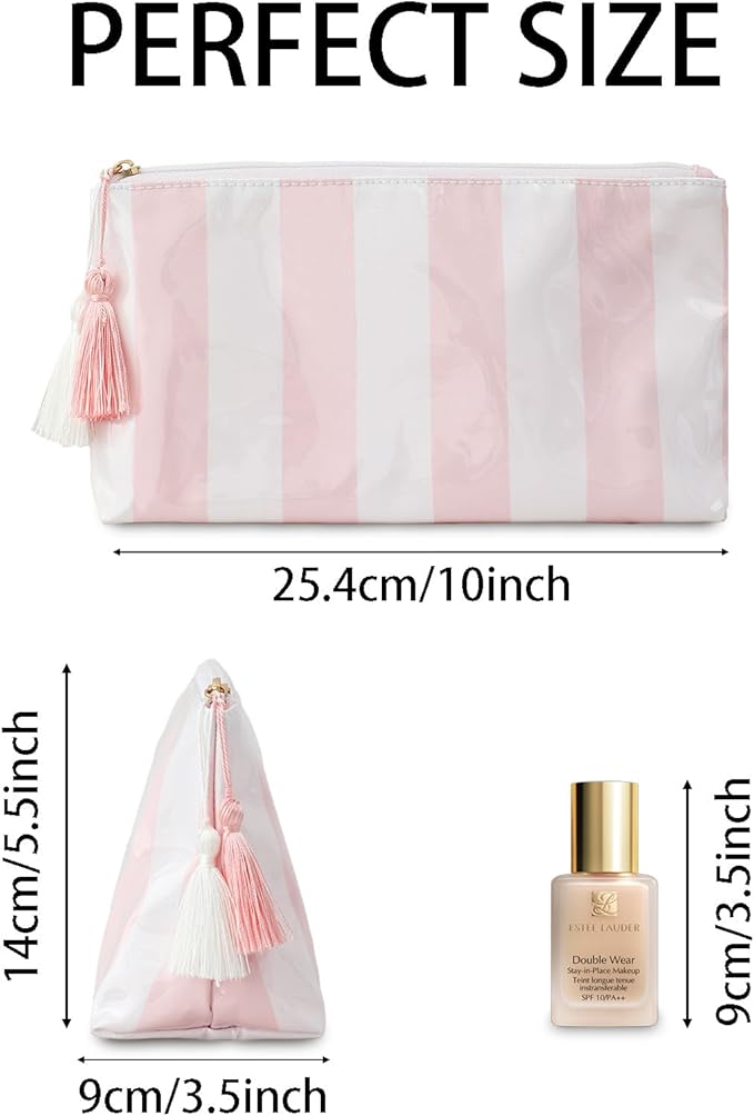 DYSHAYEN Makeup Bags for Purse,Small Clear Coated Cosmetic Bags for Women Girls, Waterproof Travel Organizer Zipper Pouch Beach Vacation Essentials (White-Pink)