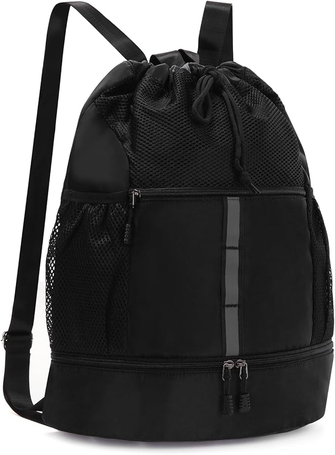 Valleycomfy Drawstring Gym Bag Sports Backpack With Shoe Compartment and Reflective Strips Black