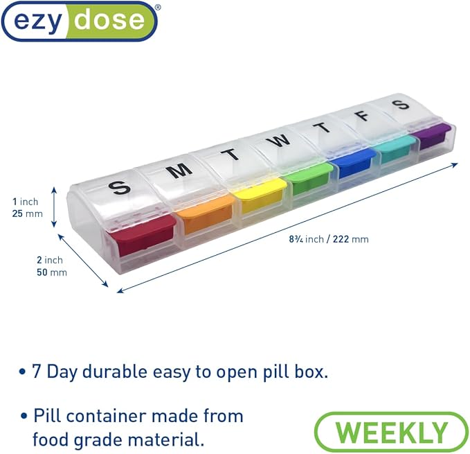 EZY DOSE Weekly (7-Day) Pill Case, Medicine Planner, Daily Vitamin Organizer Box, X-Large Push-Button Compartments, Convenient and Easy to Use, Arthritis Friendly, Clear Lids, Rainbow, BPA Free