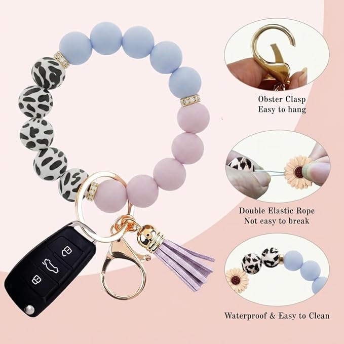 2PCS Bracelet Key Ring Set, Cute Car Key chain Wristlet, Silicone Beaded Bangle keyChains for Women Girls