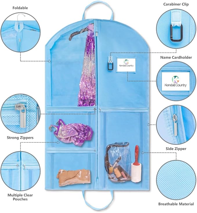 Waterproof Hanging Garment Bag 40 inch Clothes Bag with Gusset, 5 Pockets & Side Zip for Dance Costumes, Sports, Skating, Theatre, Beauty Pageants & More by Kendall Country, Sky Blue