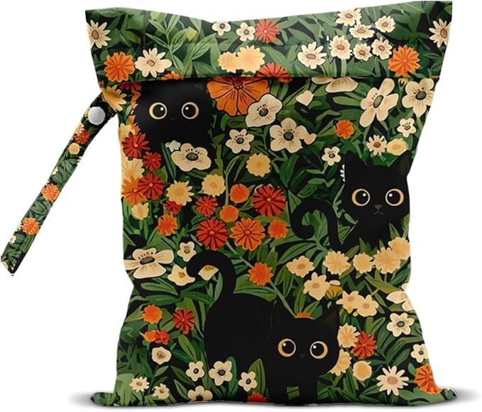 Black Cat Floral Wet Dry Bags Reusable Waterproof Wet Bags Swimsuit Bag Diaper Pouch for Travel Beach Gym Cat Gifts for Women Friend Travelers 10 x 13 Inches