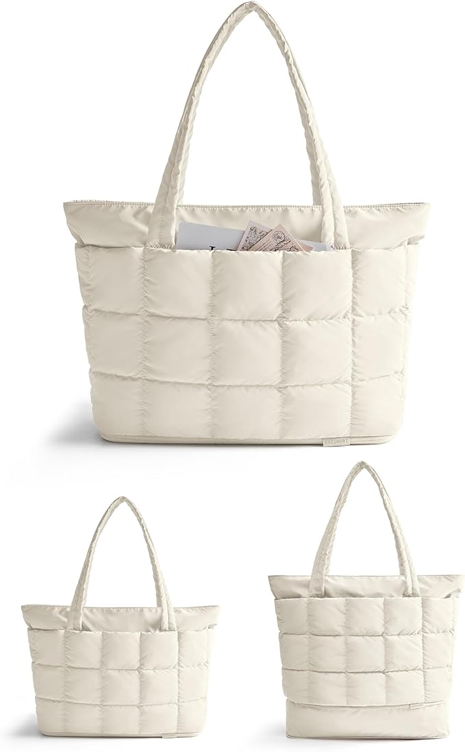 BAGSMART Expandable Tote Bag for Women, Puffer Work Tote Handbag, Quilted Carry On Bag for Travel Gym